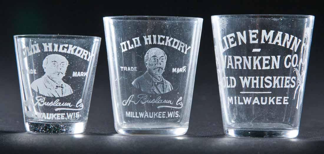 3 PRE-PROHIBITION MILWAUKEE, WISCONSIN SHOT GLASSES: 2 Old Hickory A. Buslaur and one Lienemann Warnken Co. 1.75", 2.25", and 2.25" high.