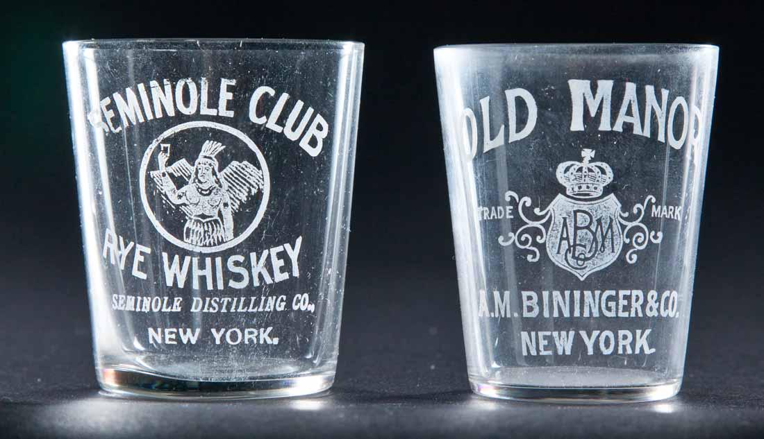 2 PRE-PROHIBITION NEW YORK SHOT GLASSES: Old Manor A.M. Bininger and Seminole Club. 2.5" high.