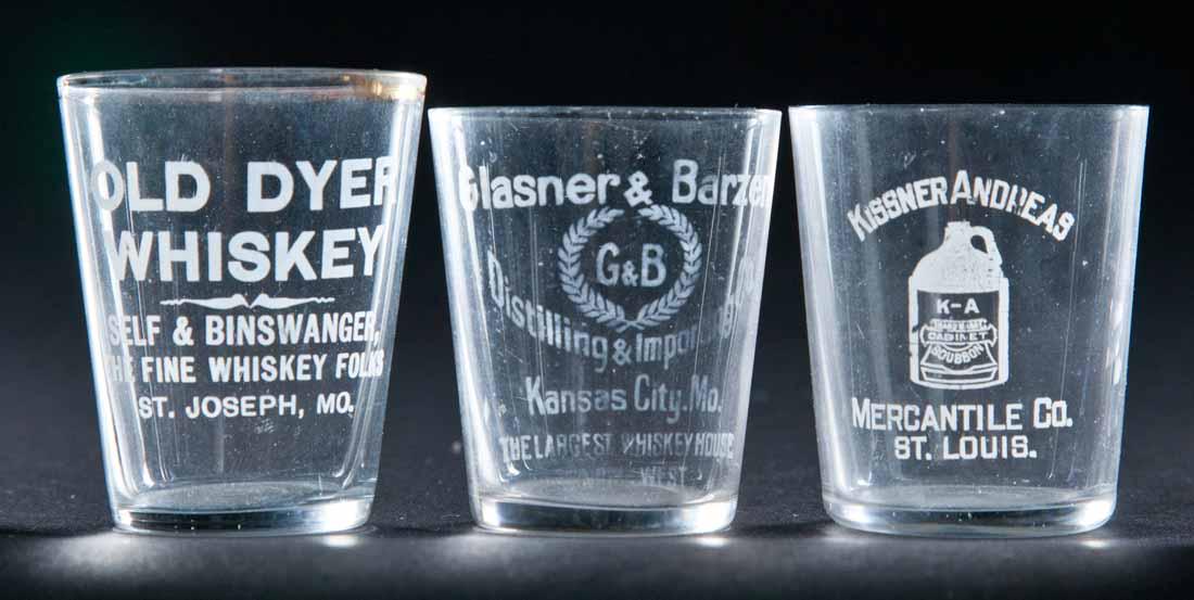 3 PRE-PROHIBITION MISSOURI SHOT GLASSES: Glasner and Barzen Distilling, Kansas City; Old Dyer Whiskey, St. Joseph; and Kissner Andreas Mercantile, St. Louis. 2.25", 2.25", and 2.5" high.
