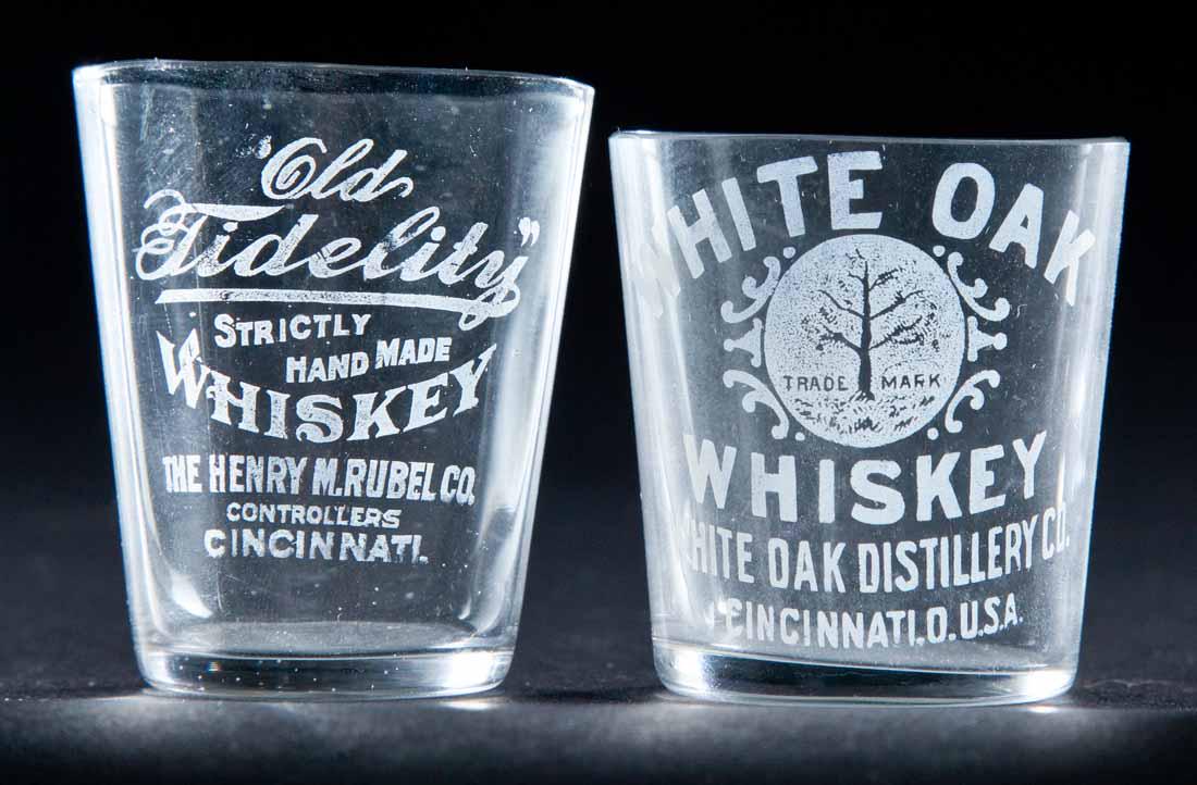 2 PRE-PROHIBITION CINCINNATI, OHIO SHOT GLASSES: White Oak Whiskey and Old Fidelity Whiskey. 2" and 2.25" high.
