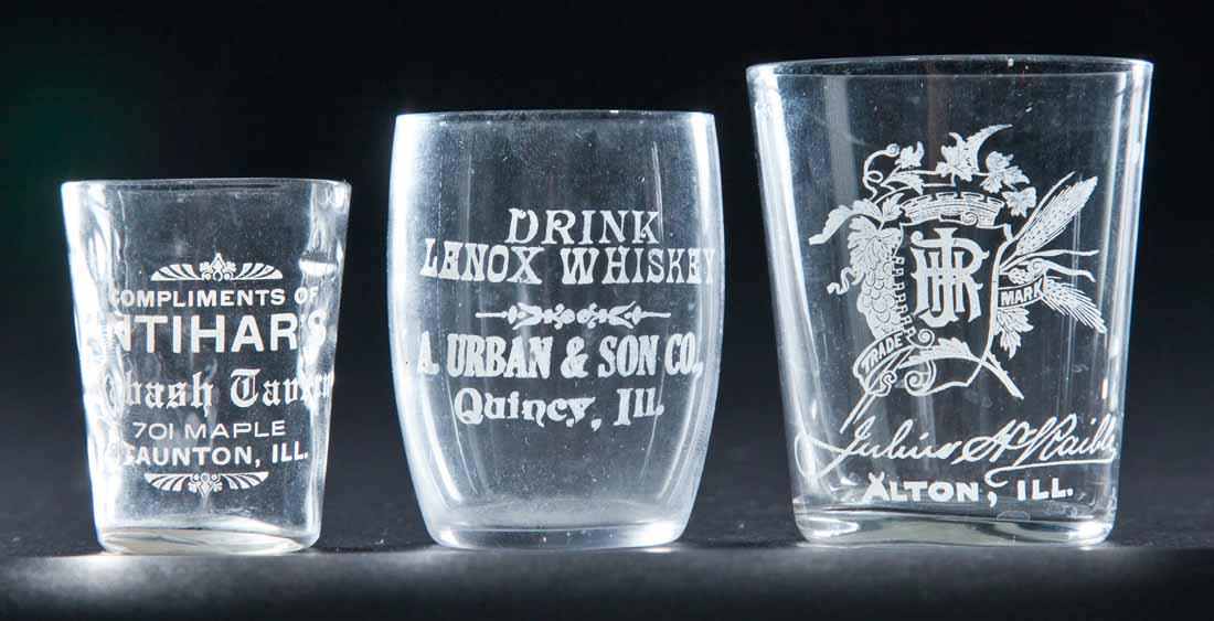3 PRE-PROHIBITION ILLINOIS SHOT GLASSES: Lenox Whiskey, Quincy; Julius A. Raible, Alton; and Intihar's Wabash Tavern, Staunton. 2", 2.25", and 2.5" high.