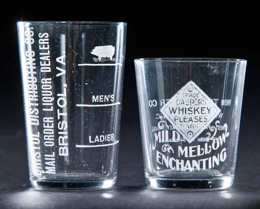 2 PRE-PROHIBITION SOUTHERN SHOT GLASSES: Bristol Distributing, Bristol, Virginia and Casper's Whiskey, Winston-Salem, North Carolina. 2.25" and 3" high.