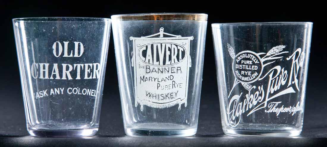 3 PRE-PROHIBITION SHOT GLASSES: Old Charter, Clarke's Pure Rye, Calvert Whiskey, 2.5" high.