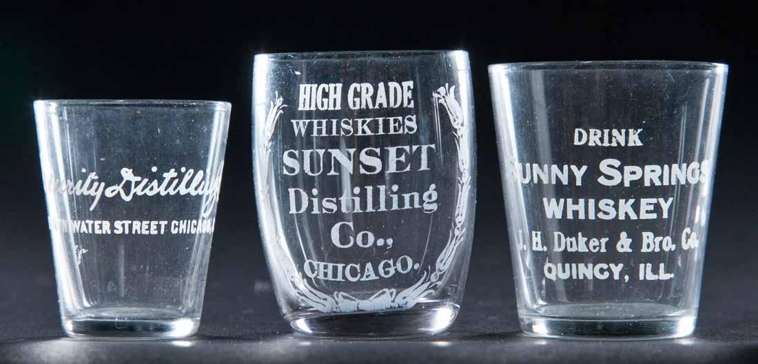 3 PRE-PROHIBITION ILLINOIS SHOT GLASSES: Security Distilling, Chicago; Sunny Springs Whiskey, Quincy; Sunset Distilling, Chicago. 2", 2.25", and 2.25" high.