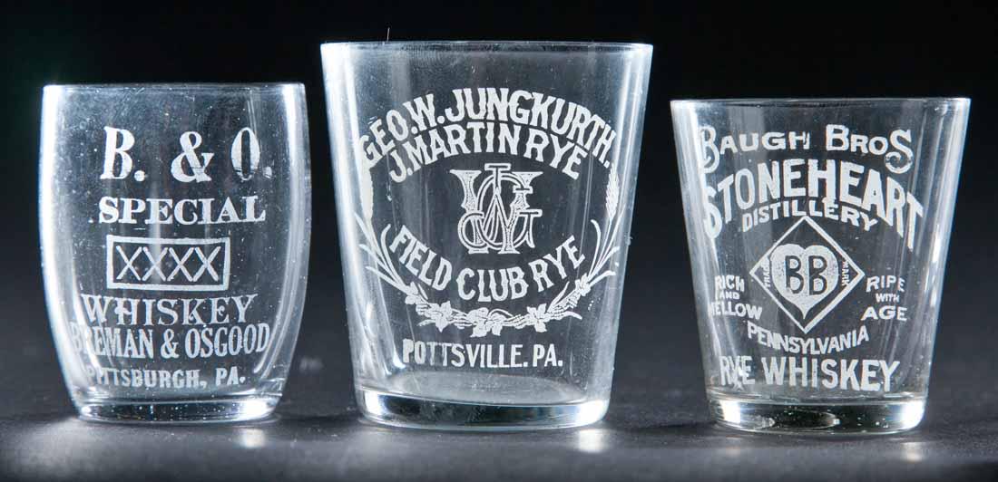 3 PRE-PROHIBITION PENNSYLVANIA SHOT GLASSES: Junkurth Martin Field Club Rye, Pottsville; Baugh Brothers Stoneheart Distillery; and B&O Special, Pittsburgh. 2.25", 2.25", and 2.5" high.