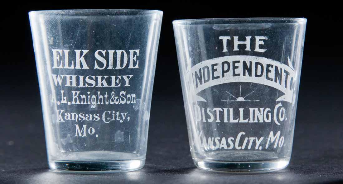 2 PRE-PROHIBITION KANSAS CITY, MISSOURI SHOT GLASSES: Independent Distilling and Elk Side Whiskey. 2.25" high.