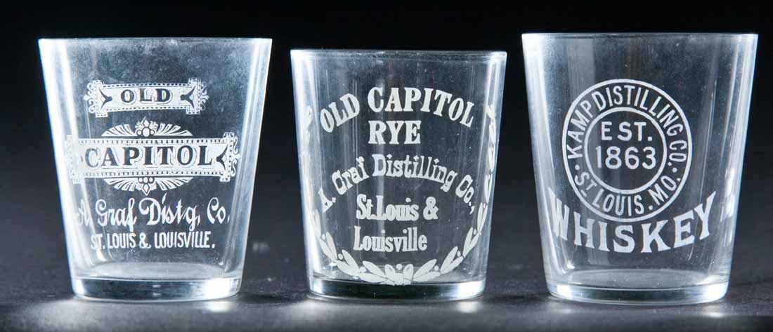 3 PRE-PROHIBITION ST. LOUIS, MISSOURI SHOT GLASSES: Kamp Distilling, 2 Old Capitol Rye. 2.25" high.