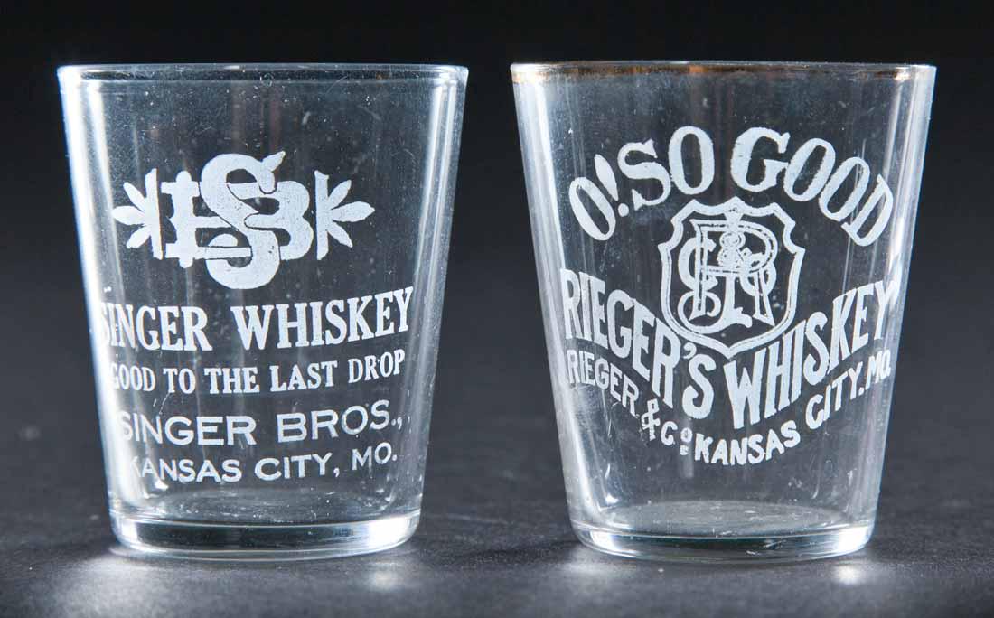 2 PRE-PROHIBITION KANSAS CITY, MISSOURI SHOT GLASSES: Singer Whiskey and Rieger's Whiskey. 2.25" high.