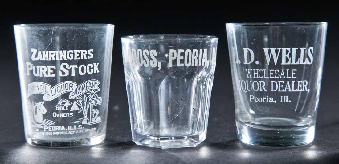 3 PRE-PROHIBITION PEORIA, ILLINOIS SHOT GLASSES: L.D. Wells, J.M. Gross, and Zahringers Pure Stock. 2", 2.25", and 2.25" high.