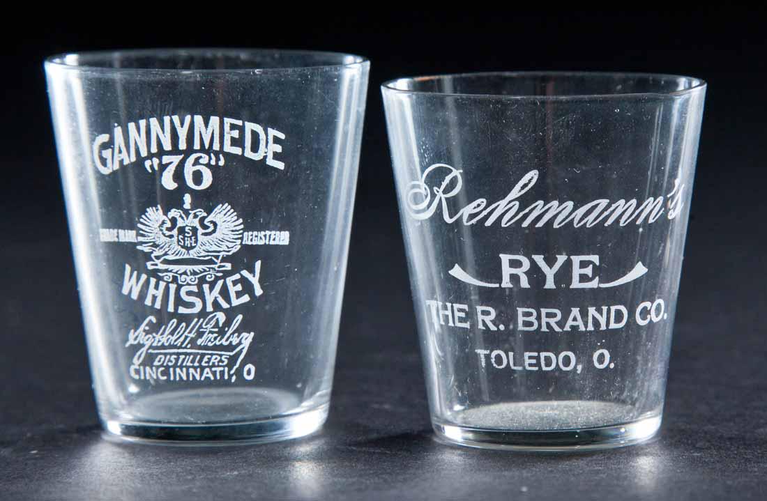 2 PRE-PROHIBITION OHIO SHOT GLASSES: Gannymede Whiskey, Cincinnati and Reymann's Rye, Toledo. 2.25" high.