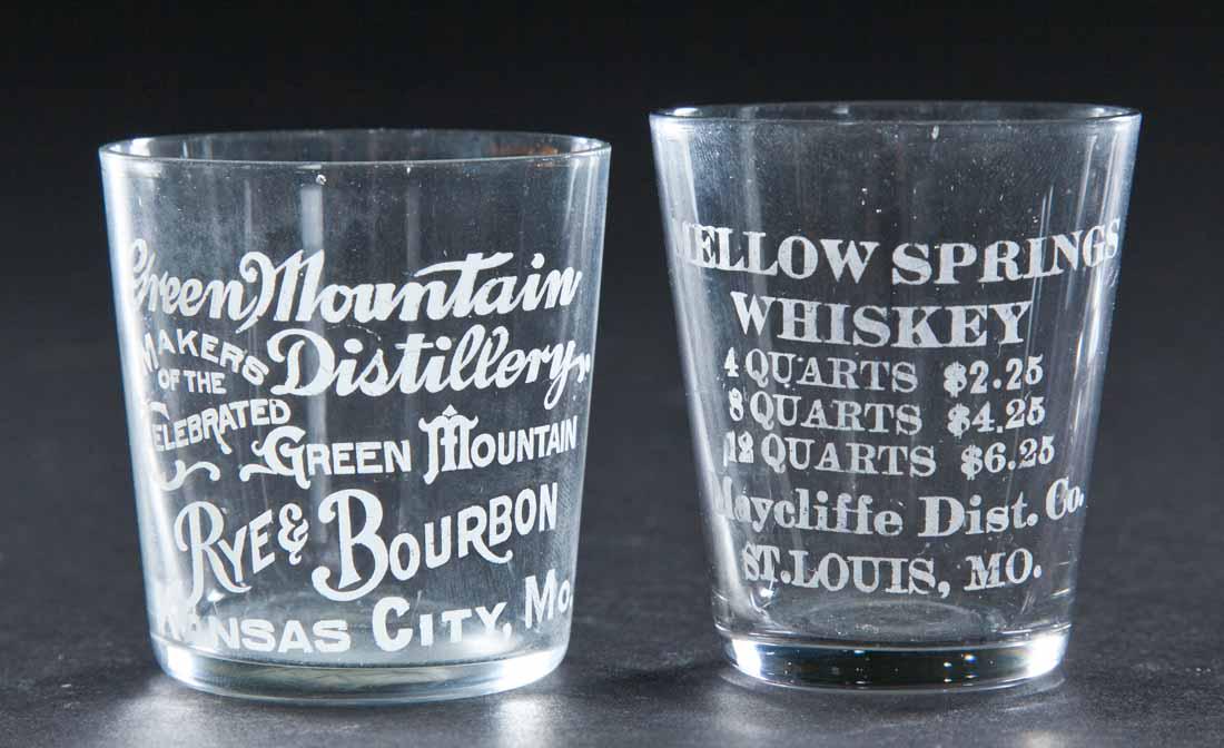 2 PRE-PROHIBITION MISSOURI SHOT GLASSES: Green Mountain Distillery, Kansas City and Mellow Springs Whiskey, St. Louis. 2.25" high.