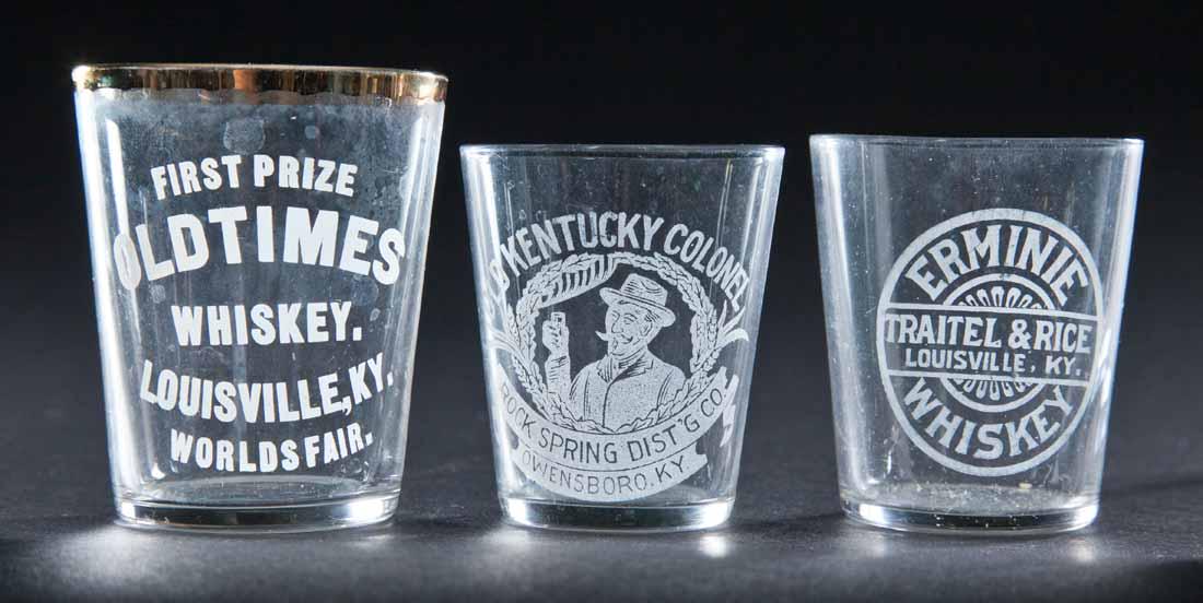 3 PRE-PROHIBITION KENTUCKY SHOT GLASSES: Old Kentucky Colonel, Owensboro; Ermine Whiskey, Louisville; and Oldtimes Whiskey, Louisville. 2.25", 2.25", and 2.5" high.