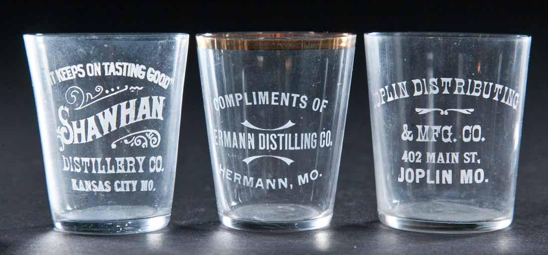 3 PRE-PROHIBITION MISSOURI SHOT GLASSES: Joplin Distributing, Joplin; Hermann Distilling, Hermann; and Shawhan Distilling, Kansas City. 2.25" high.