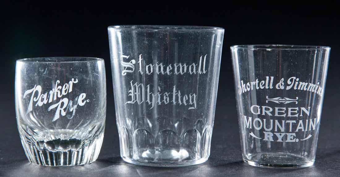 3 PRE-PROHIBITION SHOT GLASSES: Parker Rye, Stonewall Whiskey, and Green Mountain Rye. 2.25", 2.5", and 3" high.