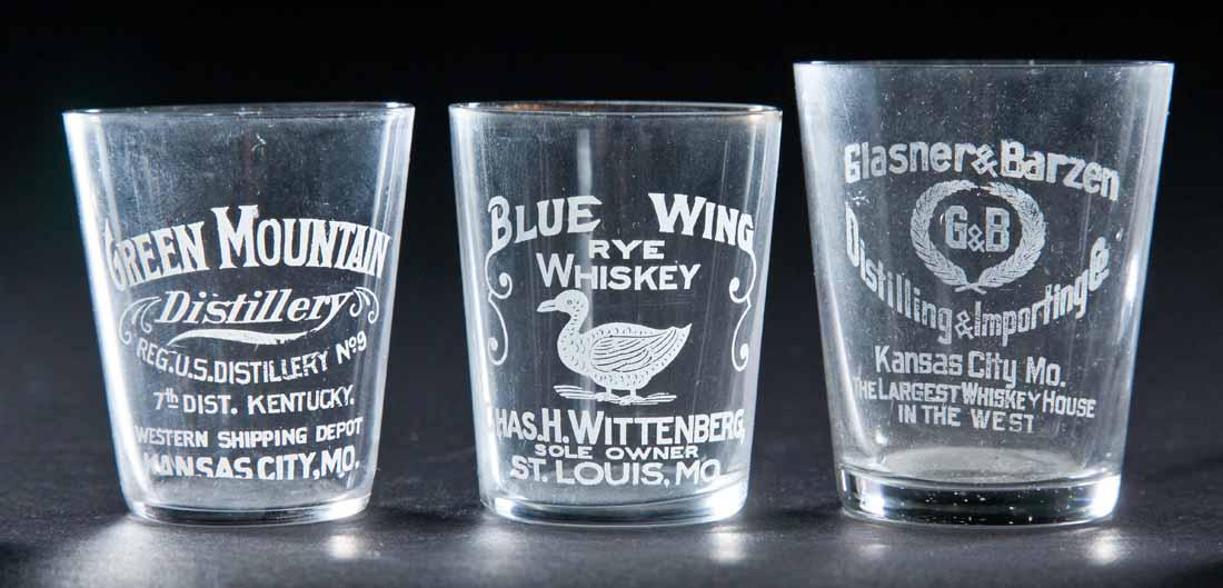 3 PRE-PROHIBITION MISSOURI SHOT GLASSES: Green Mountain Distillery, Kansas City; Glasner and Barzen, Kansas City; and Blue Wing Rye Whiskey, St. Louis. 2.25", 2.25", and 2.5" high.