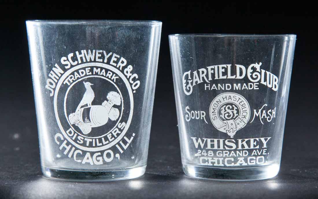 2 PRE-PROHIBITION CHICAGO, ILLINOIS SHOT GLASSES: John Schweyer and Garfield Club. 2.25" and 2.5" high.