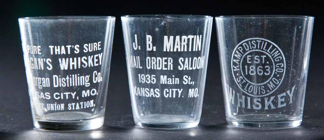 3 PRE-PROHIBITION MISSOURI SHOT GLASSES: Morgan's Whiskey, Kansas City; J.B. Martin Mail Order Saloon, Kansas City; and Kamp Distilling, St. Louis. 2.25" high.