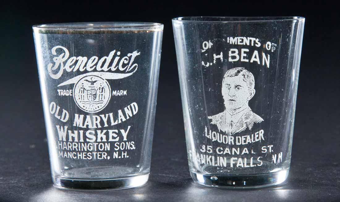 2 PRE-PROHIBITION NEW HAMPSHIRE SHOT GLASSES: G.H. Bean, Franklin Falls and Benedict Old Maryland Whiskey, Manchester. 2.5" high.