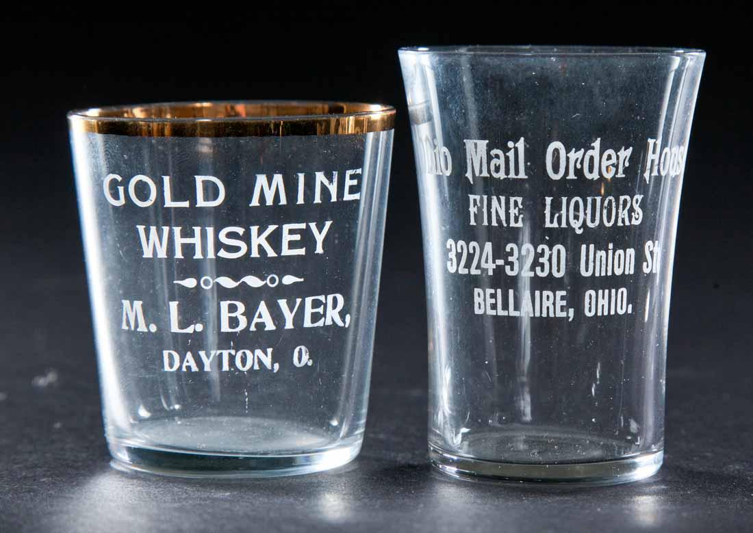 2 PRE-PROHIBITION OHIO SHOT GLASSES: Gold Mine Whiskey, Dayton and Ohio Mail Order House Fine Liquors, Bellaire. 2.25" and 2.5" high.