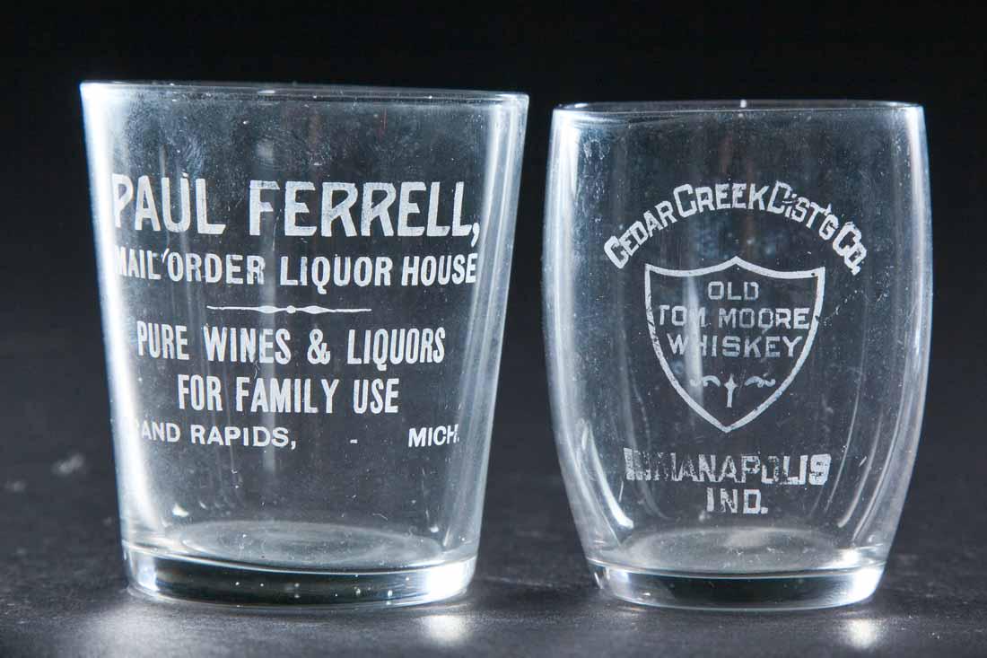 2 PRE-PROHIBITION MIDWESTERN SHOT GLASSES: Paul Ferrell, Grand Rapids, Michigan and Cedar Creek Distilling, Indianapolis, Indiana. 2.25" high.