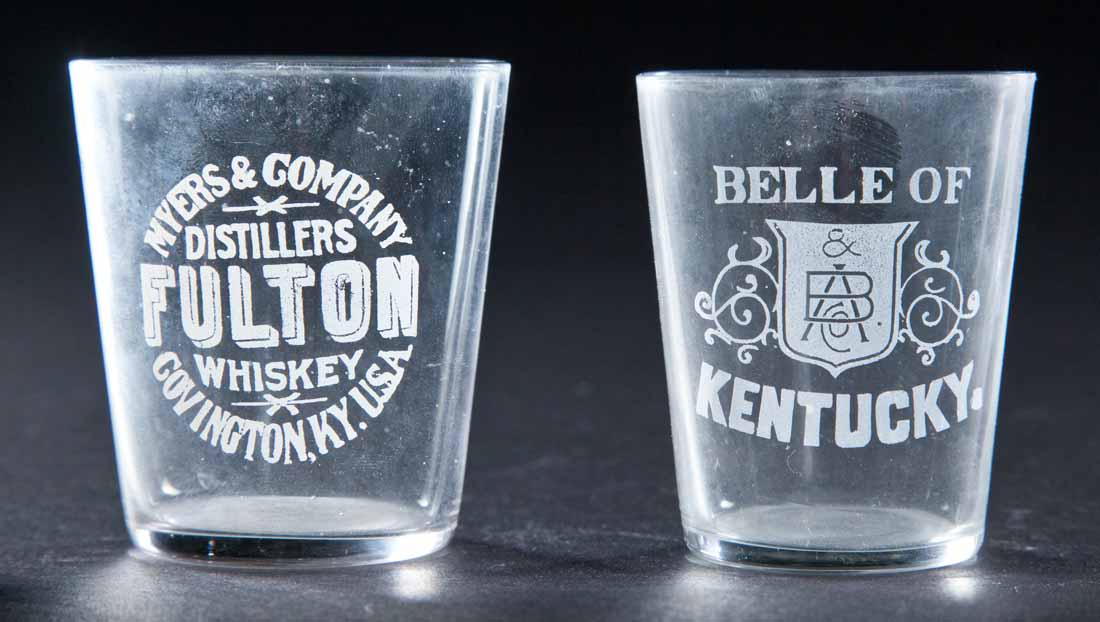 2 PRE-PROHIBITION KENTUCKY SHOT GLASSES: Belle of Kentucky and Fulton Whiskey, Covington. 2.25" and 2.5" high.