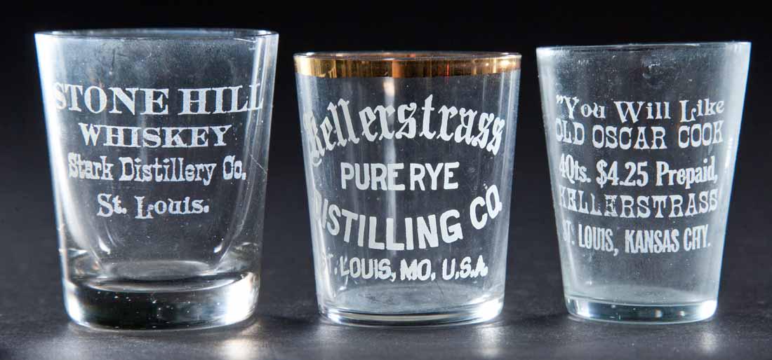3 PRE-PROHIBITION ST. LOUIS MISSOURI SHOT GLASSES: 2 Kellerstrass Pure Rye and Stone Hill Whiskey. 2.25", 2.25", and 2.5" high.