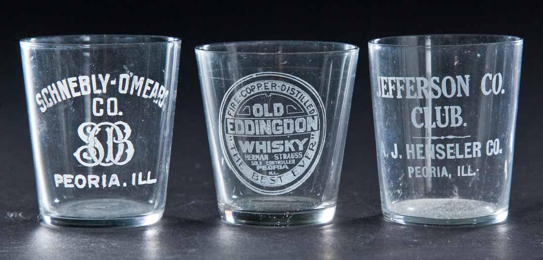 3 PRE-PROHIBITION PEORIA ILLINOIS SHOT GLASSES: Jefferson Co. Club, Schnebly-O'Meara Co., and Old Eddington Whiskey. 2.25" high.