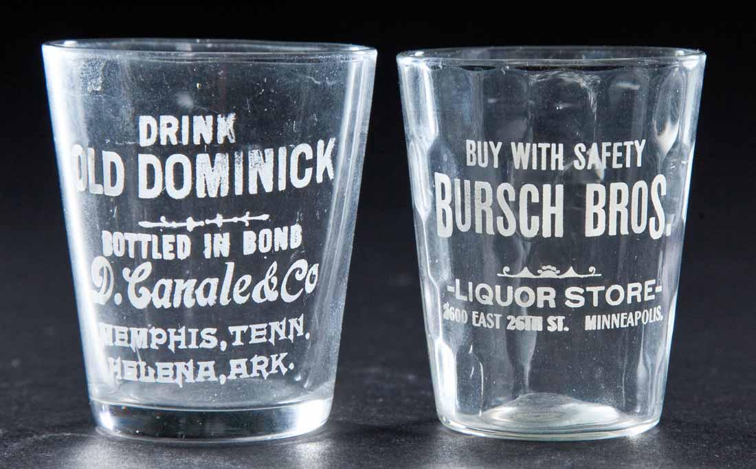 2 PRE-PROHIBITION SHOT GLASSES: Old Dominick, Memphis, Tennessee and Helena, Arkansas and Bursch Bros., Minneapolis, Minnesota. 2.25" high.