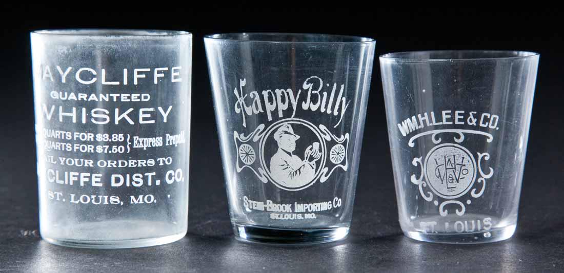 3 PRE-PROHIBITION ST. LOUIS MISSOURI SHOT GLASSES: Maycliffe Whiskey, Happy Billy, and William H. Lee & Co. 2.25", 2.5", and 2.5" high.