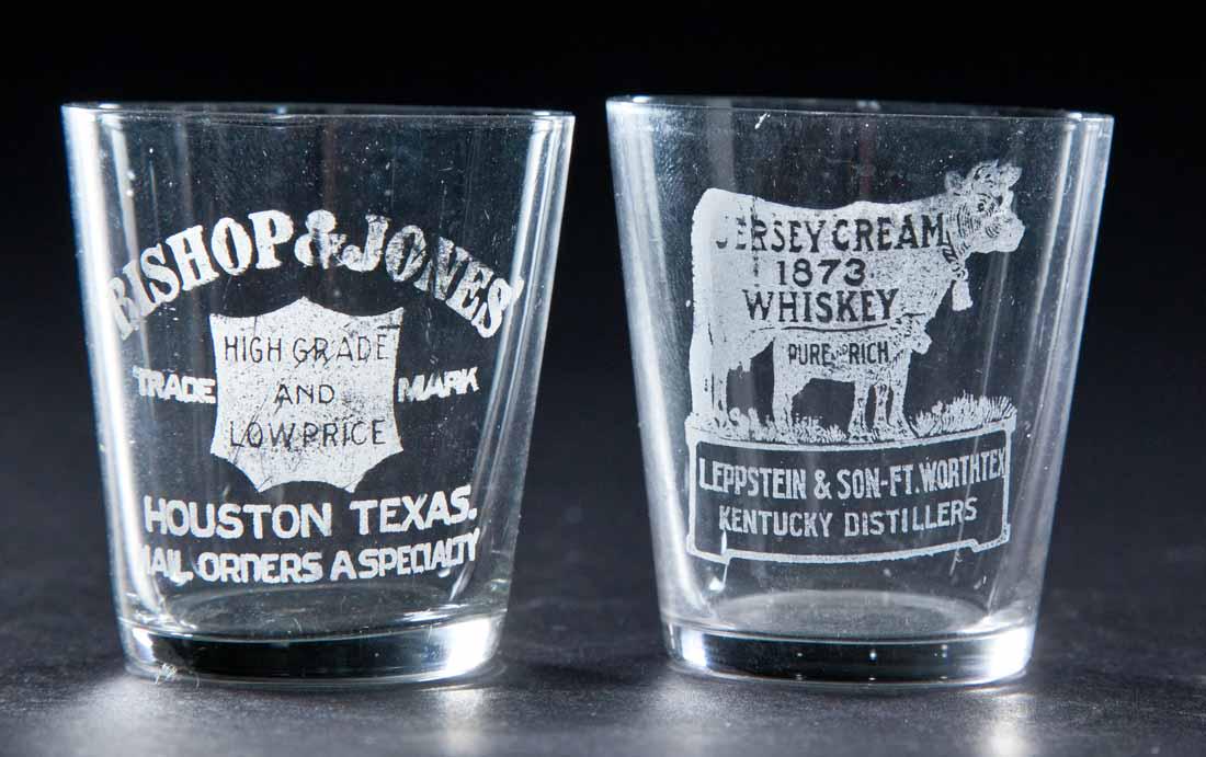 2 PRE-PROHIBITION TEXAS SHOT GLASSES: Bishop and Jones, Houston and Jersey Cream 1873 Whiskey, Fort Worth. 2.25" high.