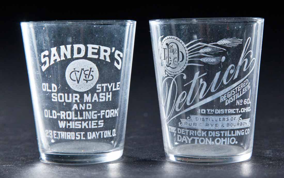 2 PRE-PROHIBITION DAYTON, OHIO SHOT GLASSES: Sander's Whiskie's and Detrick Distillery. 2.25" high. 2.25" high.