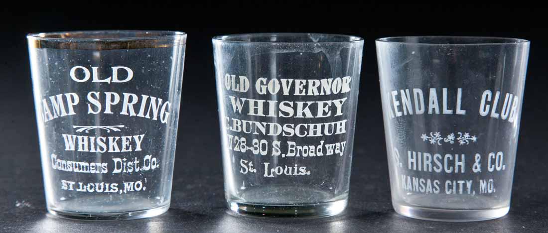 3 PRE-PROHIBITION MISSOURI SHOT GLASSES: Old Camp Spring Whiskey, St. Louis; Old Governor Whiskey, St. Louis; and Kendall Club, Kansas City. 2.25" high.