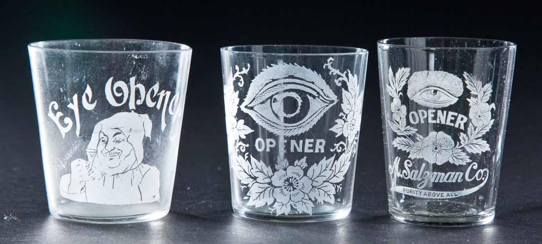 3 PRE-PROHIBITION "EYE OPENER" SHOT GLASSES: One for M. Salsman Co. 2.5" high.