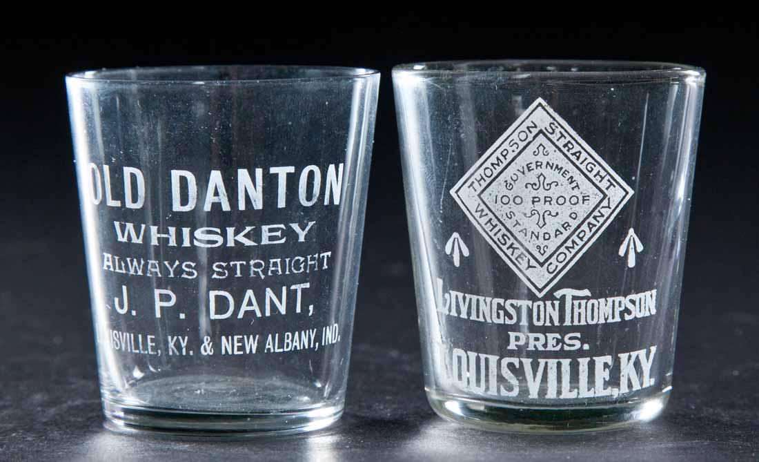 2 PRE-PROHIBITION KENTUCKY SHOT GLASSES: Thompson Straight Whiskey Co., Louisville and Old Danton Whiskey, Louisville, Kentucky and New Albany, Indiana. 2.25" high.
