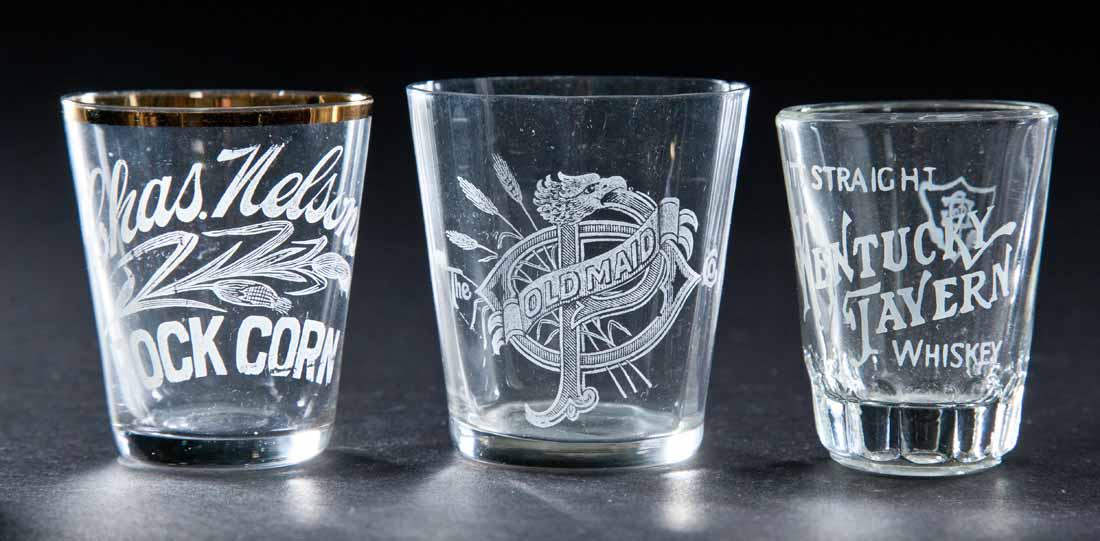 3 PRE-PROHIBITION SHOT GLASSES: Old Maid, Charles Nelson Rock Corn, and Kentucky Tavern Whiskey. 2.25", 2.25", and 2.5" high.