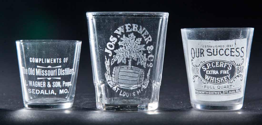 3 PRE-PROHIBITION MISSOURI SHOT GLASSES: Old Missouri Distillery, Sedalia; S.P. Cerf's Extra Fine Whiskey, St. Louis; and Joseph Werner & Co., St. Louis. 2", 2.25", and 2.75" high.