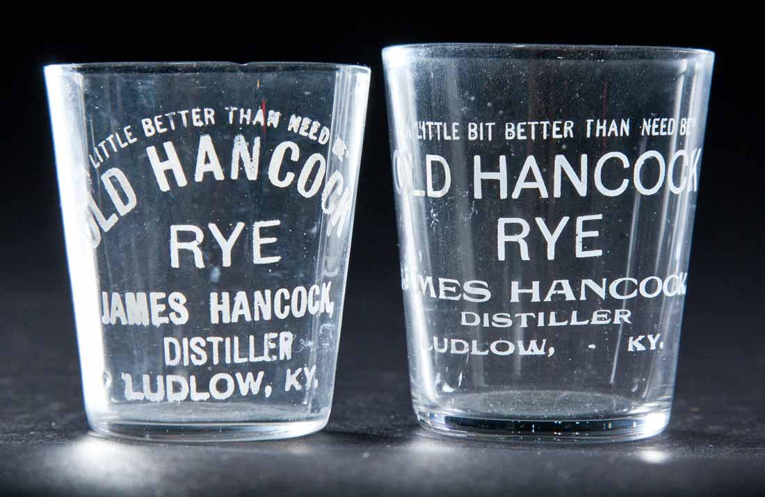 2 PRE-PROHIBITION KENTUCKY SHOT GLASSES: Both are Old Hancock Rye, James Hancock Distiller, Ludlow. 2.25" high.