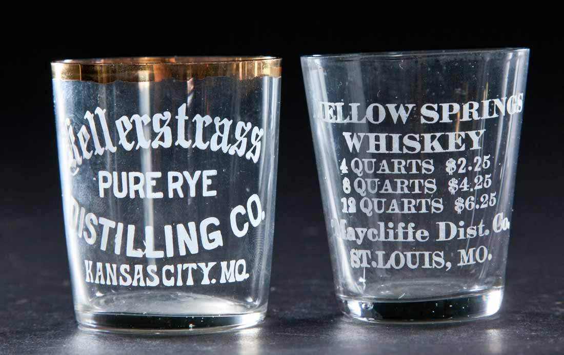 2 PRE-PROHIBITION MISSOURI SHOT GLASSES: Kellerstrass Distilling, Kansas City and Yellow Springs Whiskey, St. Louis. 2.25" high.