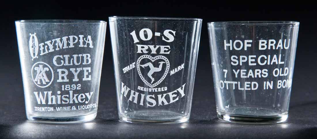 3 PRE-PROHIBITION SHOT GLASSES: Olympia Club Rye, Hof Brau Special, and 10-S Rye Whiskey. 2.25" high.