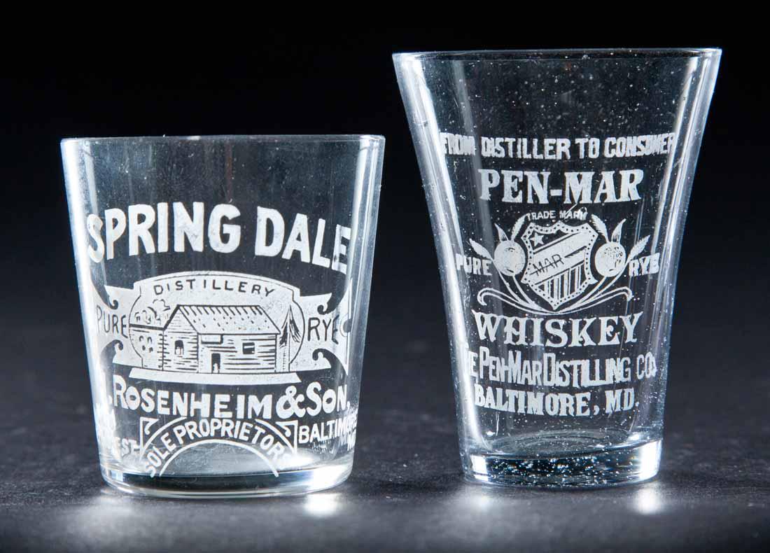 2 PRE-PROHIBITION BALTIMORE, MARYLAND SHOT GLASSES: Spring Dale Distillery and Pen-Mar Distillery. 2.25" and 2.5" high.
