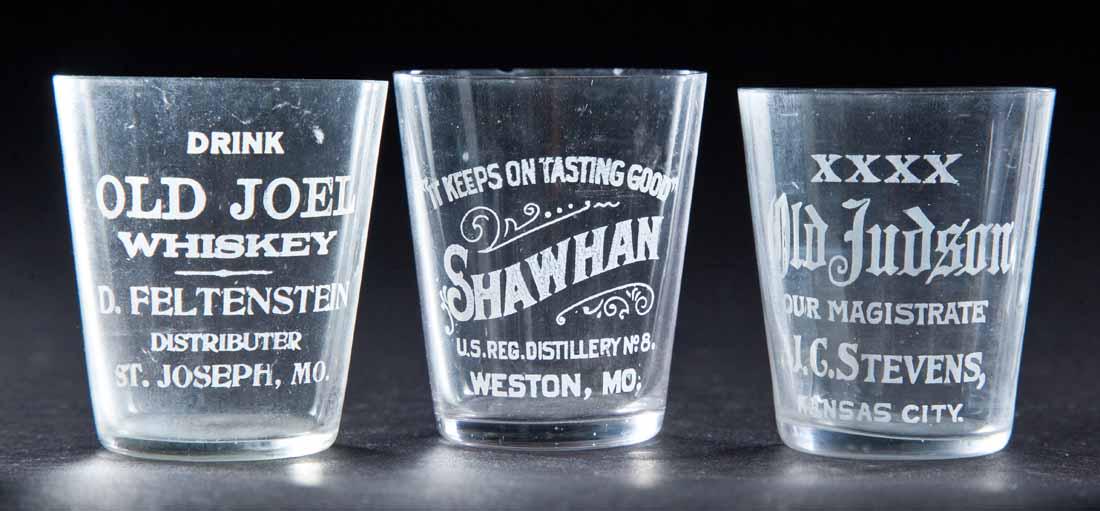 3 PRE-PROHIBITION MISSOURI SHOT GLASSES: Old Joel Whiskey, St. Joseph; Shawhan, Weston; and Old Judson, Kansas City. 2.25" high.
