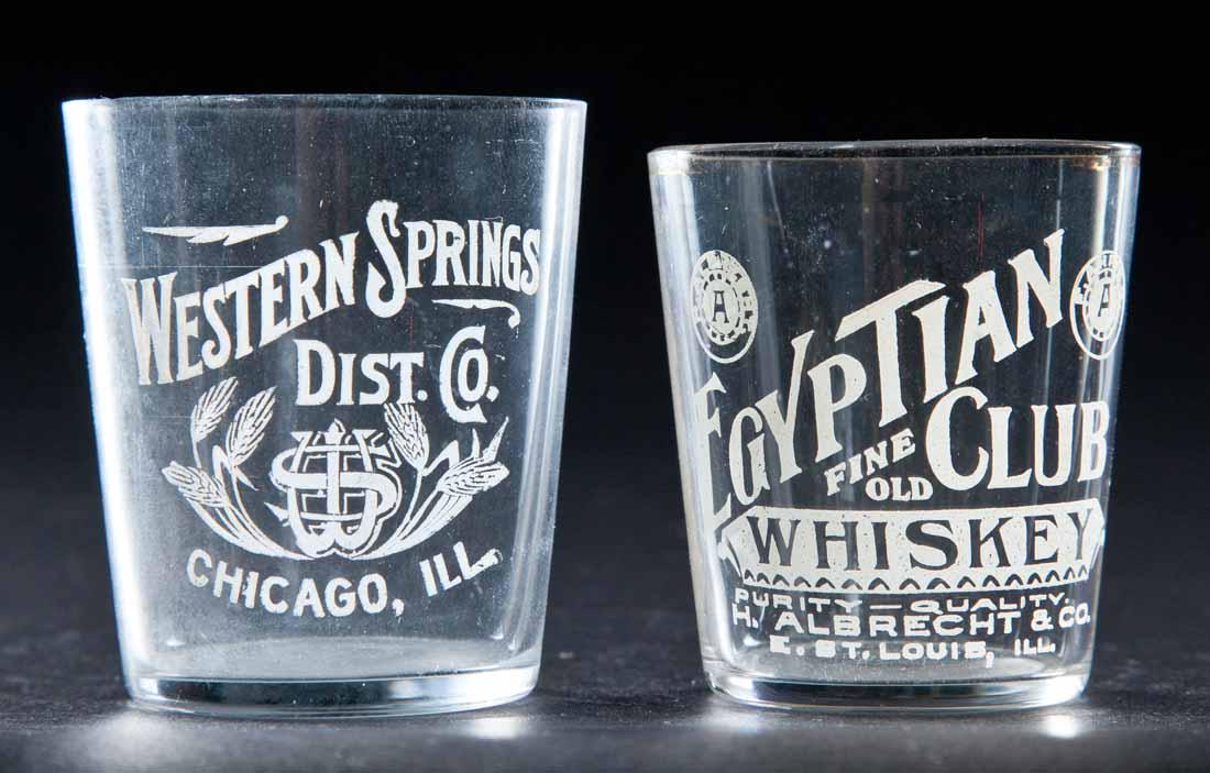 2 PRE-PROHIBITION ILLINOIS SHOT GLASSES: Western Springs Distilling Co., Chicago and Egyptian Club Whiskey, East St. Louis. 2.25" and 2.5" high.