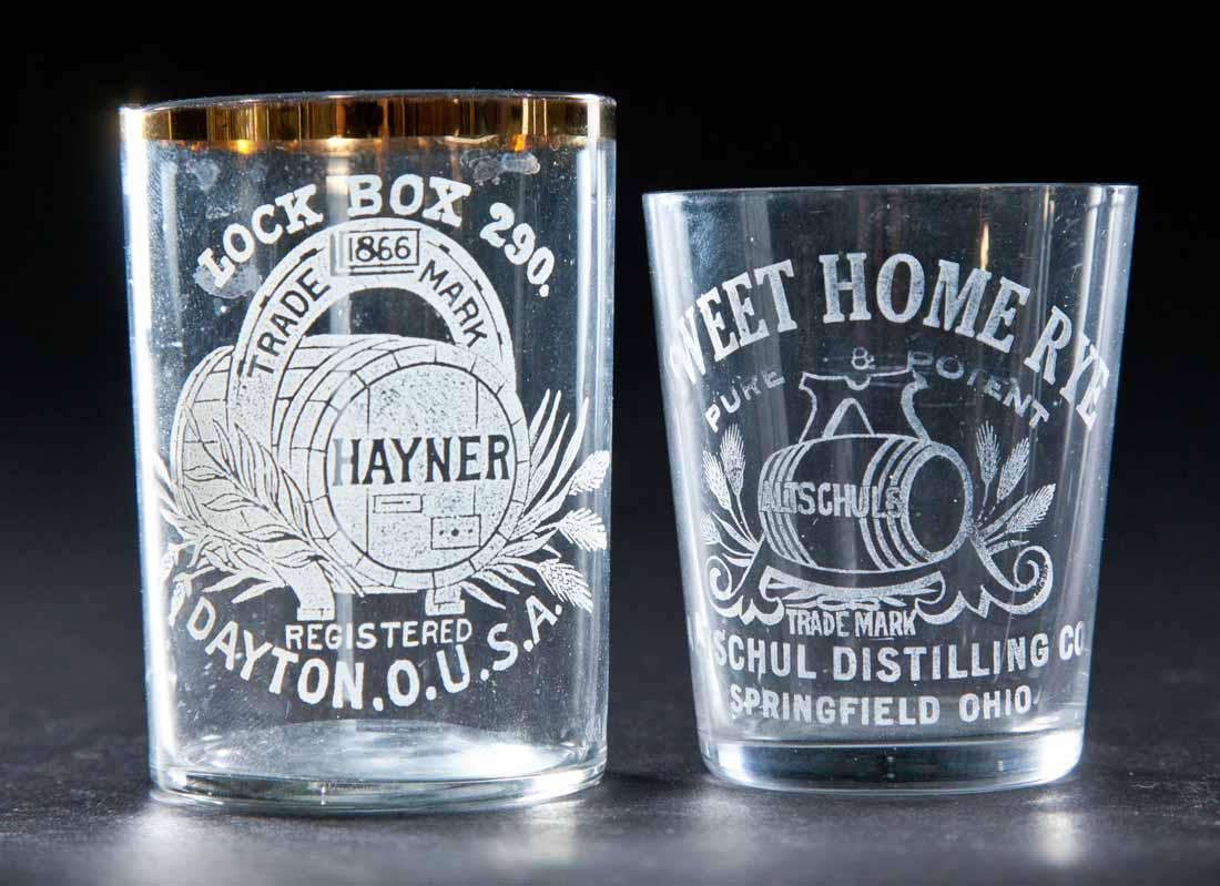 2 PRE-PROHIBITION OHIO SHOT GLASSES: Hayner, Dayton and Sweet Home Rye, Springfield. 2.25" and 2.5" high.