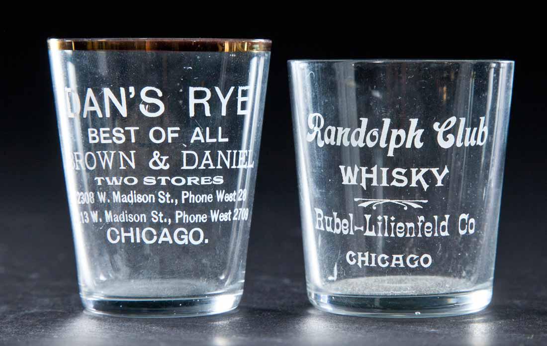 2 PRE-PROHIBITION CHICAGO, ILLINOIS SHOT GLASSES: Randolph Club and Dan's Rye. 2.25" high.