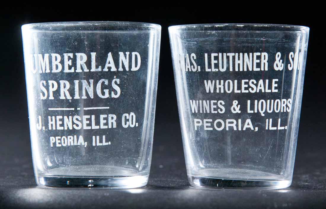 2 PRE-PROHIBITION PEORIA, ILLINOIS SHOT GLASSES: Cumberland Springs and Charles Leuthner and Son. 2.25" high.