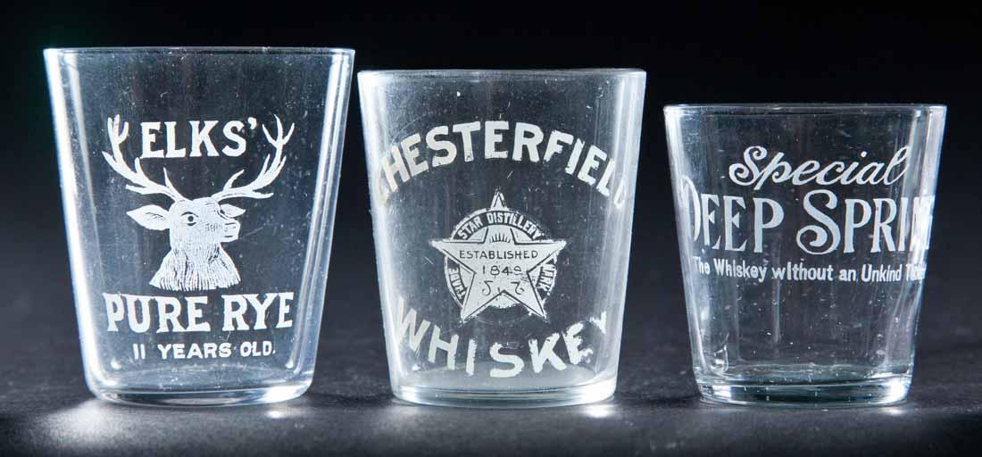 3 PRE-PROHIBITION SHOT GLASSES: Deep Spring Whiskey, Chesterfield Whiskey, and Elks' Pure Rye. 2", 2.25", and 2.25" high.