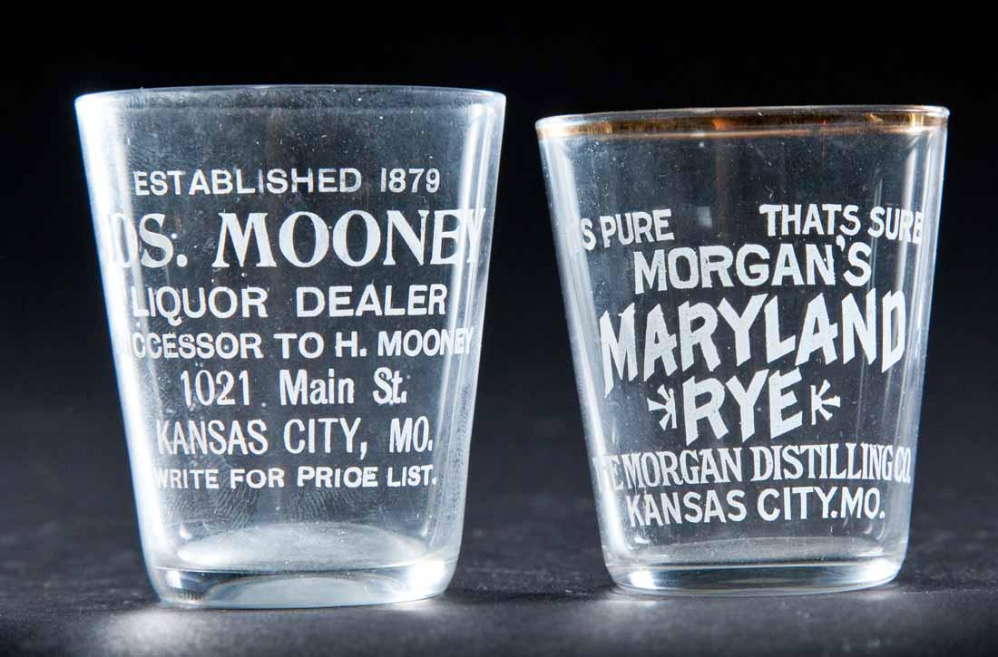 2 PRE-PROHIBITION KANSAS CITY, MISSOURI SHOT GLASSES: Joseph Mooney and Morgan's Maryland Rye. 2.25" high.