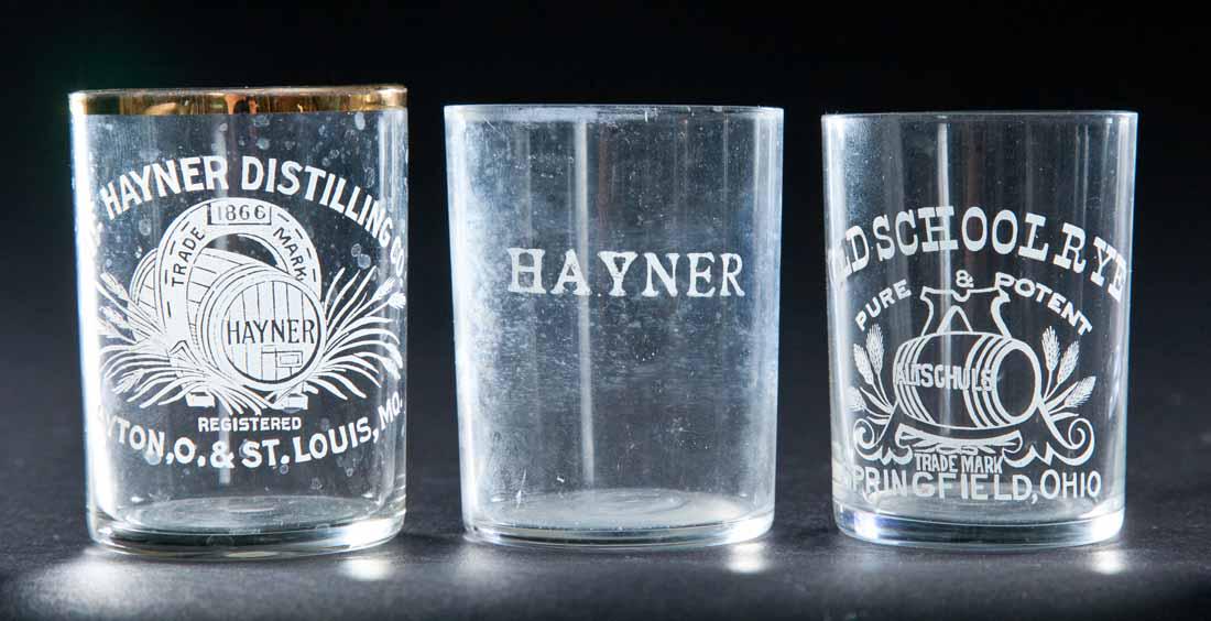 3 PRE-PROHIBITION OHIO SHOT GLASSES: Old School Rye, Springfield and 2 Hayner, Dayton. 2.5" high.