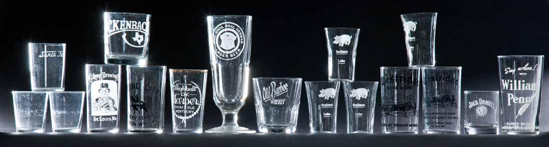 COLLECTION OF COLLECTIBLE SHOT AND DRINKING GLASSES: Modern and vintage, including advertising examples. 2.25" to 7" high.