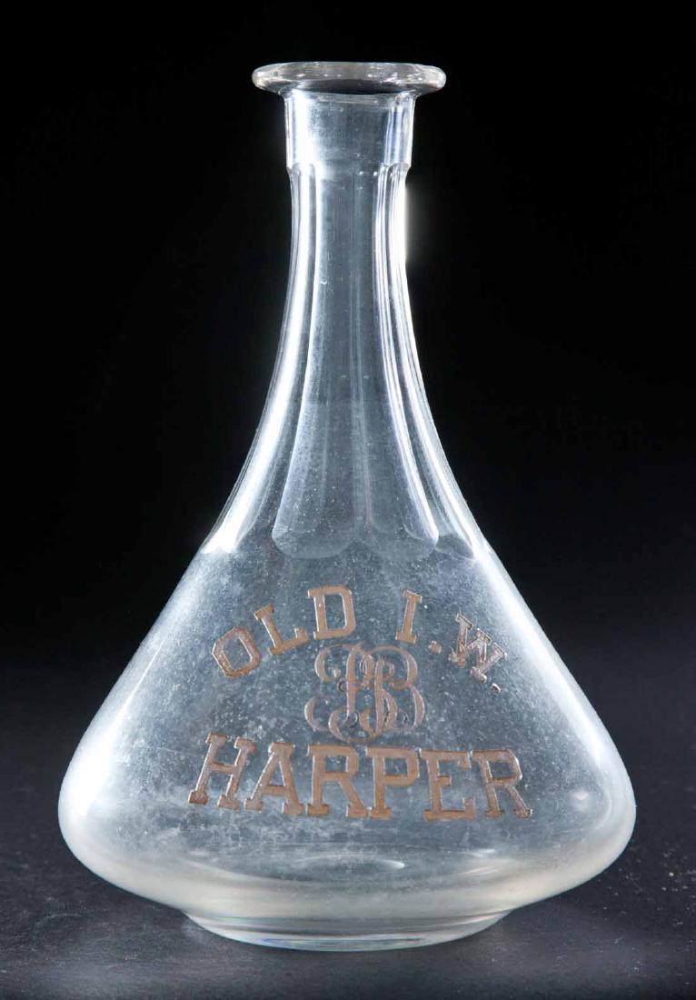 ENAMELED LABEL BAR BOTTLE: Colorless pre-Prohibition bottle with "Old I.W. Harper" label. 9"h